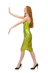Naklejka premium Red hair girl in sparkling green dress isolated on white