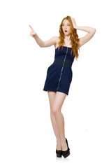 Fototapeta premium Red hair girl in black strapless dress isolated on white