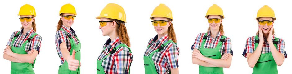 Woman in green coveralls isolated on white