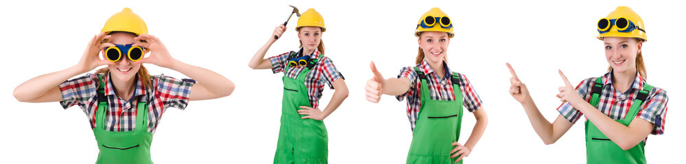 Woman in green coveralls isolated on white