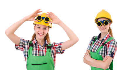 Woman in green coveralls isolated on white