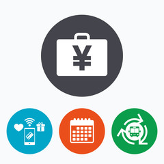 Case with Yen JPY sign. Briefcase button.