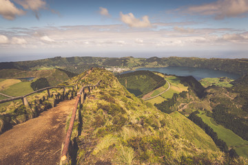 Walking path leading to a view on the lakes of Sete Cidades, Azo