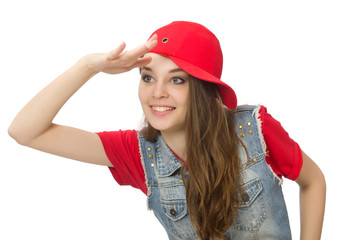 Pretty girl in jeans clothing isolated on white