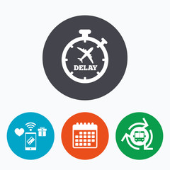 Fototapeta premium Delayed flight sign icon. Airport delay symbol.