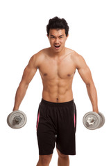 Fototapeta na wymiar Muscular Asian man with dumbbell
