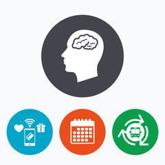 Head with brain sign icon. Male human head.