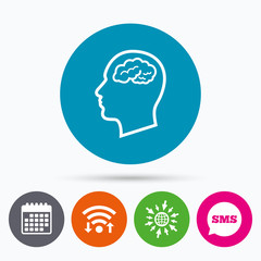 Head with brain sign icon. Male human head.