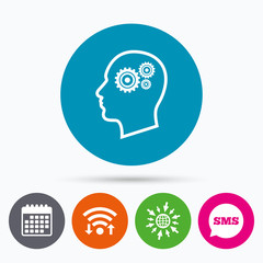 Head with gears sign icon. Male human head.