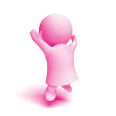 cute little human 3d character in shades of pink wearing a gown jumping enthusiastically in a white scene (3D illustration)
