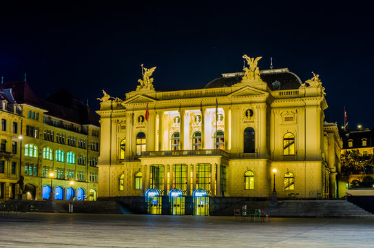 night view of illuminated building of opera in the swiss city zurich