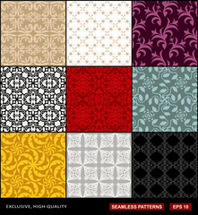 Retro backgrounds set, vintage ornaments, floral  seamless patterns