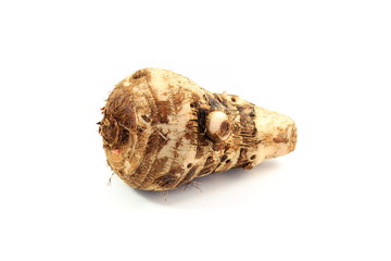 Taro root or eddoes root isolated on white background