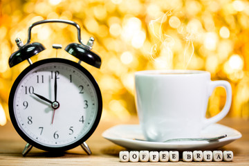 Clock. cup of fresh espresso with clock sign,