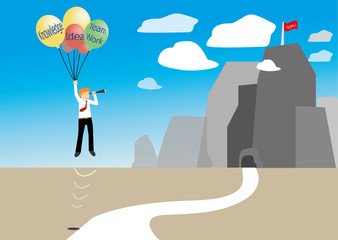vector of businessman holding floating balloons and looking to achieve the goal target. success concept