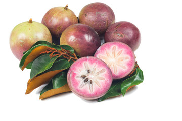 purple star apple or cainito fruit with leaf isolated on white background
