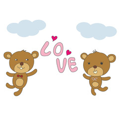 couple bear happy with love and pink hearts and blue sky vector
