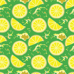 Lemon. Juicy fruit. Fruit splashes and drops. Spots juice. Vector seamless pattern (background).