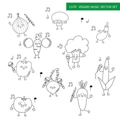 veggy with music instrument cartoon black line drawing vector se