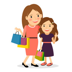 Shopping day. Smiling mom and daughter with shopping bags. Vector illustration