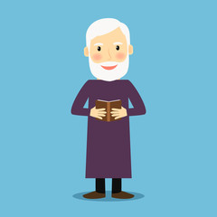 Evangelist. Old man with book like bible, standing and smiling. Vector illustration