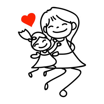 hand drawing cartoon happy mom and daughter