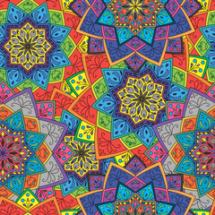 Seamless round pattern for printing on fabric or paper. Hand drawn background. Colored indian ornament. Vector illustration. Elements for your design.  
