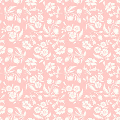Vector seamless pink and white pattern with flowers and leaves.