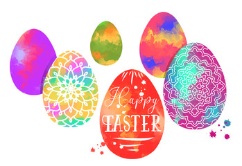 Colorful Easter egg with Mandala pattern on Watercolor Backgroun
