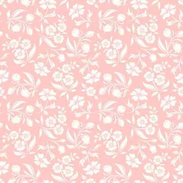 Vector seamless pink and white pattern with flowers and leaves.