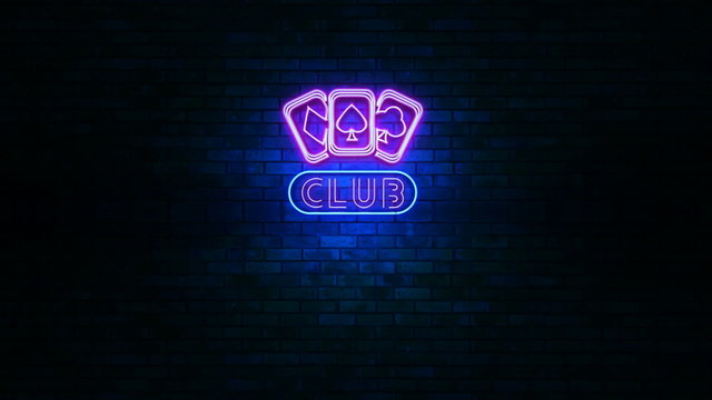Animation of club poker neon light sign with cards shape flickering at urban wall in the night with blue light
