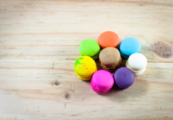 colorful macaron on wooden. copy space