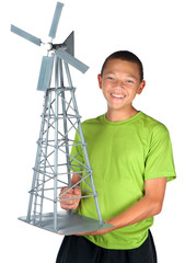 Happy boy holds windmill model