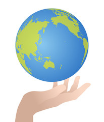 global world map floating over hand, vector illustration