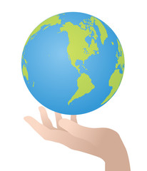 global world map floating over hand, vector illustration