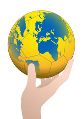 handball held by hand, with world map texture, vector illustration