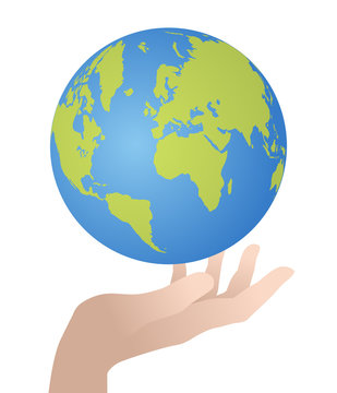 global world map floating over hand, vector illustration