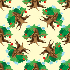 Dark Enchanted Vintage Trees seamless pattern vector. Magic forest background.