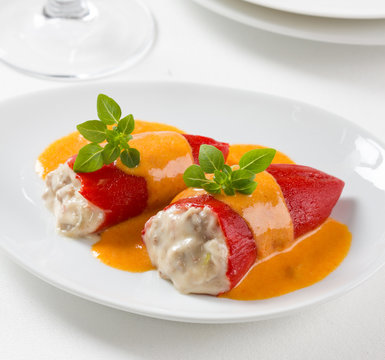 Stuffed red piquillo peppers, Spanish gastronomy