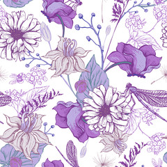 Vintage garden flowers vector seamless pattern