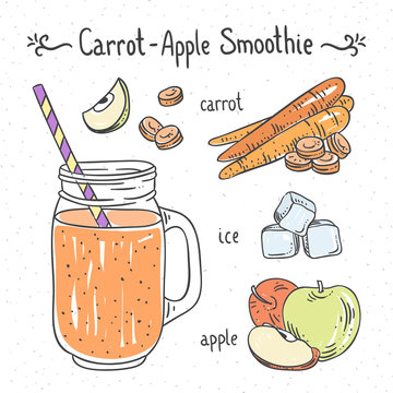 Smoothie with carrot and apple. Healthy drink recipe with vegetables and fruit. Hand drawn vector recipe