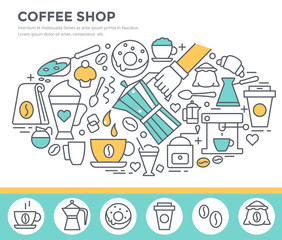 Coffee shop concept illustration, thin line flat design