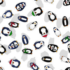Funny penguins - winter vector illustration. Cartoon hand drawn design. 