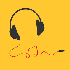 Headphones icon with red cord in shape of note Music card Flat design Yellow background