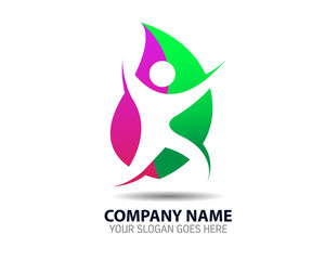 Abstract Eco Green Happy Human Life Leaf Logo Icon Template