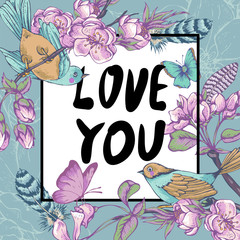 Vintage garden spring greeting card, Floral design elements