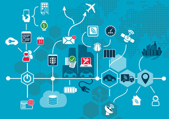 Autonomous driving and connected car concept and infographic. Vector illustration of autonomously driving cars with connected devices.