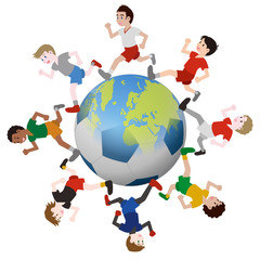 children running around the earth and soccer ball, vector illustration