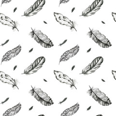 Vintage seamless  graphic pattern with hand-drawn feathers. Flyi