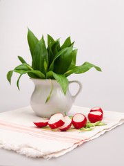 Still life composition with bear's garlic (Allium Ursinum) leaves and buds and radishes